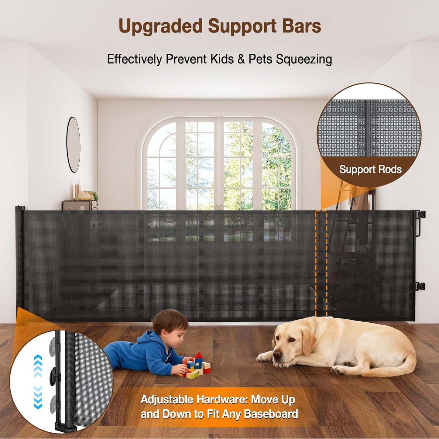 Reinforced 120" Extra Wide Retractable Baby Gates for Stairs, Mesh Saftey Gate for Pets, 10 Foot Retractable Dog Gate, No Drilling, One-Hand Operation, Retractable Gate for Indoor & Outdoor Use