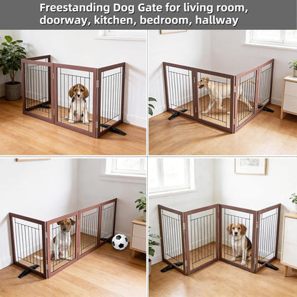 ZJSF Freestanding Dog Gate Indoor, Foldable Dog Fence for Doorways,Hallways or Stairs, Sturdy Wood Extra Wide Pet Gate with Support Feet,Black,24 "Height-3 Panels