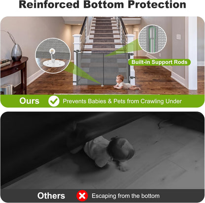 Reinforced Retractable Baby Gate for Stairs & Banister, 55" Wide Mesh Dog Gate, One-Handed Dual Lock Safety Gate for Kids & Pets, Fits Round & Square Posts (Black)