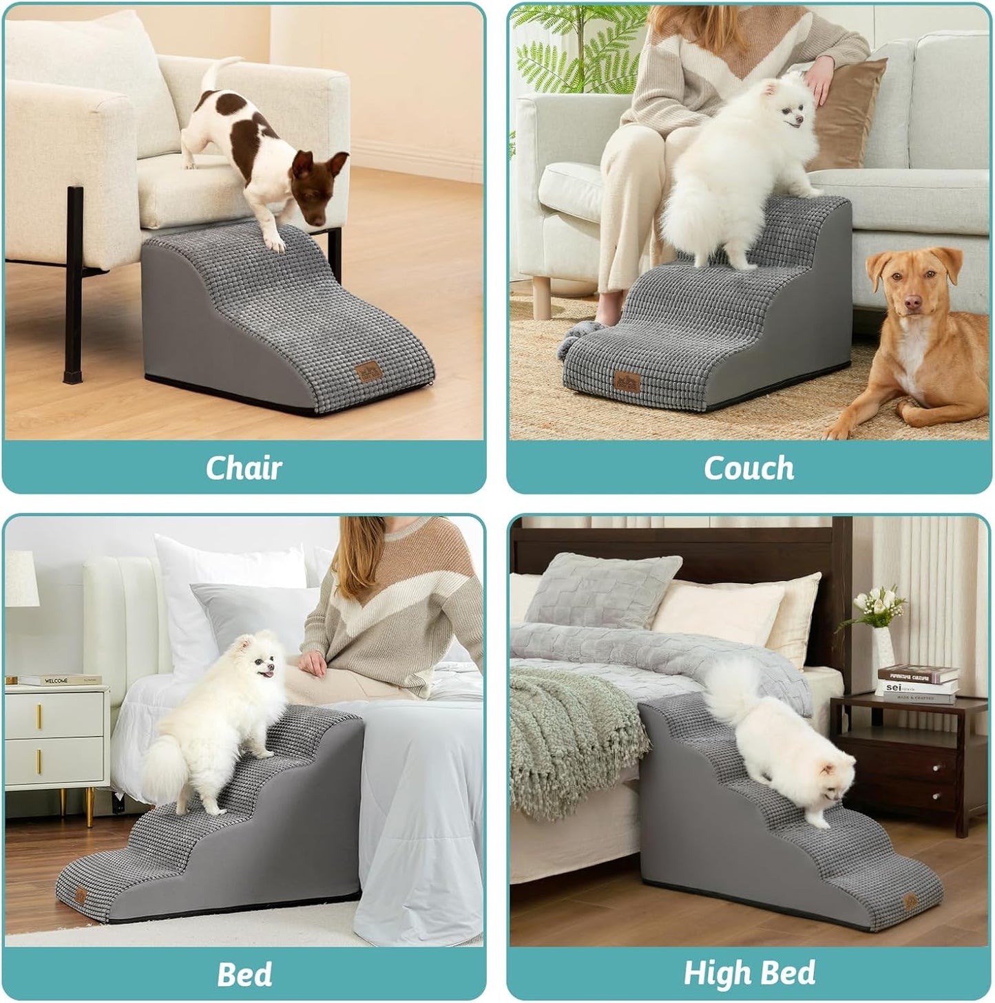 COZY KISS Dog Stairs for Small Dogs 15.7" H, Curved Dog Step for Puppy, Older Cat, Medium Pet Ramp for Sofa, Couch or Chair, Ladder with High Density Foam, 3 Step, 15.7x22.4x15.7 inch, Beige