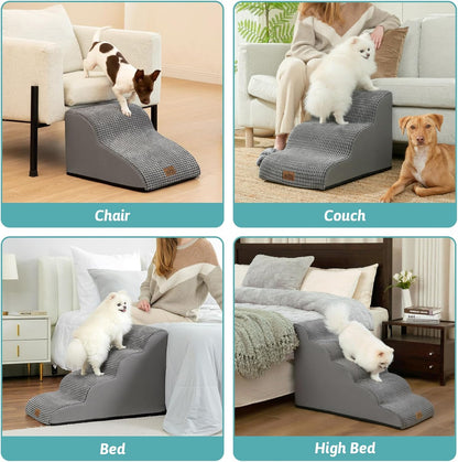COZY KISS Dog Stairs for Small Dogs 15.7" H, Curved Dog Step for Puppy, Older Cat, Medium Pet Ramp for Sofa, Couch or Chair, Ladder with High Density Foam, 3 Step, 15.7x22.4x15.7 inch, Beige