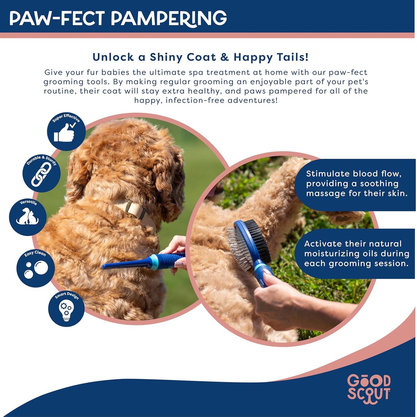 Good Scout 2-Piece Deshedding Tool Set with Self-Cleaning Slicker Brush & Dual-Head for Dogs & Cats, Gentle, Safe & Effective Grooming Tool for Short or Long Haired Animals