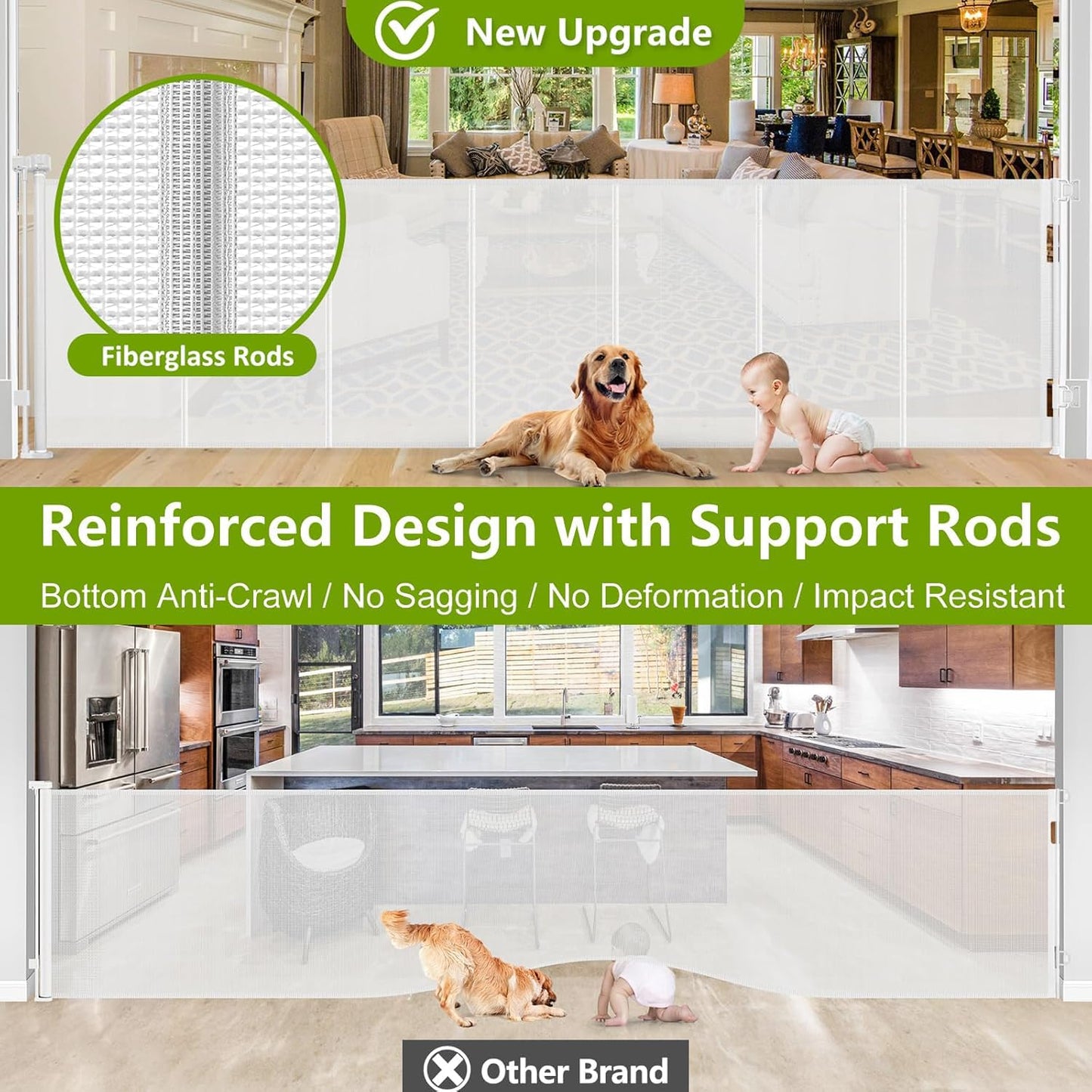 Reinforced 42" Tall Retractable Dog Gate, 155" Extra Long Retractable Baby Gate with Support Rods - Prevent Crawling Under, Indoor/Outdoor Retractable Gate Extra Tall Baby Gate Retractable Fence/Black