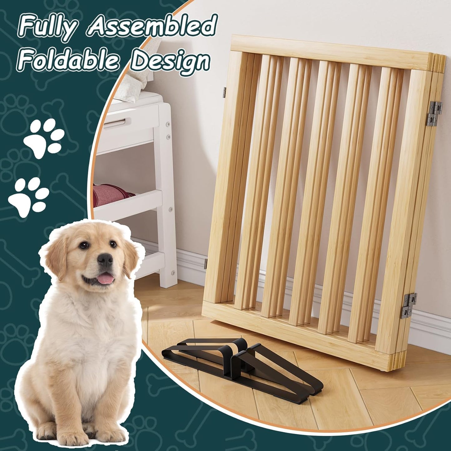 Freestanding Dog Gates Indoor, 3-Panel Pet Gates with 2 Metal Stands and 360° Hinge, 24" H Foldable Dog Gate for Stairs, Doorway, Kitchen, Expands Up to 55" Fully Assembled - Black Walnut
