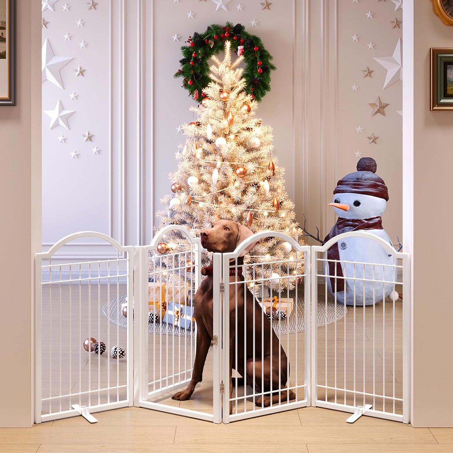 BHG Metal No-Assembly Freestanding Dog Gate with Door Walk Through, Extra Wide 144", Extra Tall 32" Pet Gate, Accordion Puppy Folding Playpen Dog Fence, with 2PCS Support (Black, 6 panesl)