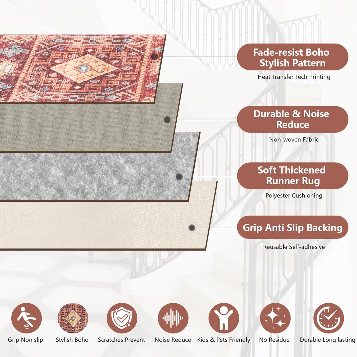 Stair Treads for Wooden Steps, Non Slip Stair Treads Carpet Indoor Residue Free Peel and Stick Washable Stair Covers, Safe for Dogs Kids Elders, Moroccan Beige, 8x30 inch, 4 Pack