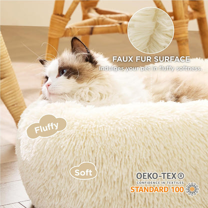 Bedsure Calming Dog Bed Medium Size Dog - Donut Washable Medium Pet Bed, 30 inches Anti-Slip Round Fluffy Plush Faux Fur Cat Bed, Fits up to 45 lbs Pets, Camel