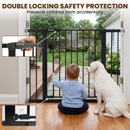 Mumeasy 29.7-46" Baby Gate for Stairs, Pressure Mounted Dog Gate for Doorways, Auto Close Walk Through Pet Gate Indoor, Extra Wide Metal Child Safety Gate, Mom's Choice Awards Winner, Black