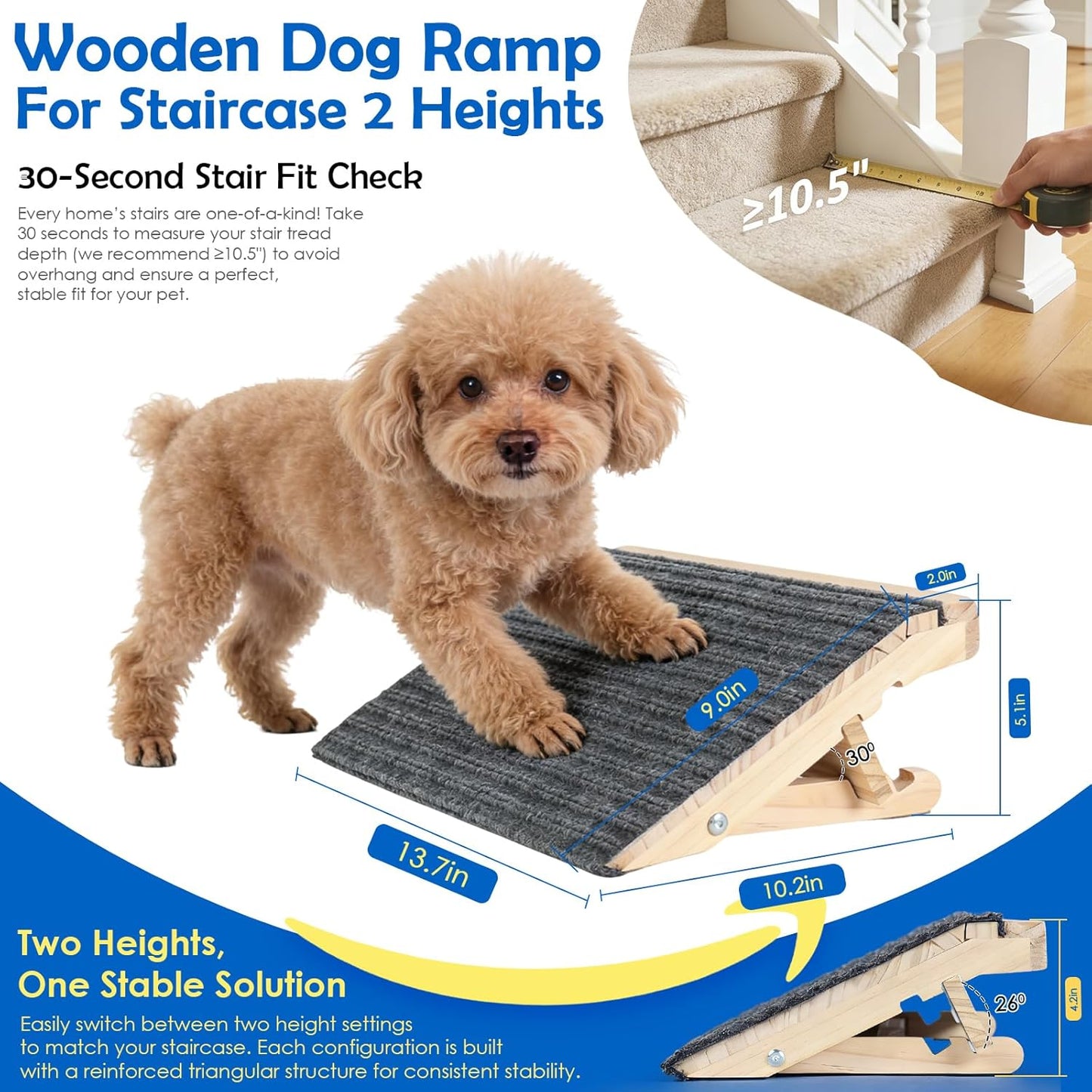 Dog Ramp for Stairs 2 Pack - Adjustable Solid Wood Foldable Indoor Pet Ramp for Senior & Injured Dogs, 2 Heights (4.2"/5.1"), Triangular Support & Non-Slip Carpet for Patio/Home, No Assembly (15.7"L)