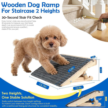 Dog Ramp for Stairs 2 Pack - Adjustable Solid Wood Foldable Indoor Pet Ramp for Senior & Injured Dogs, 2 Heights (4.2"/5.1"), Triangular Support & Non-Slip Carpet for Patio/Home, No Assembly (15.7"L)