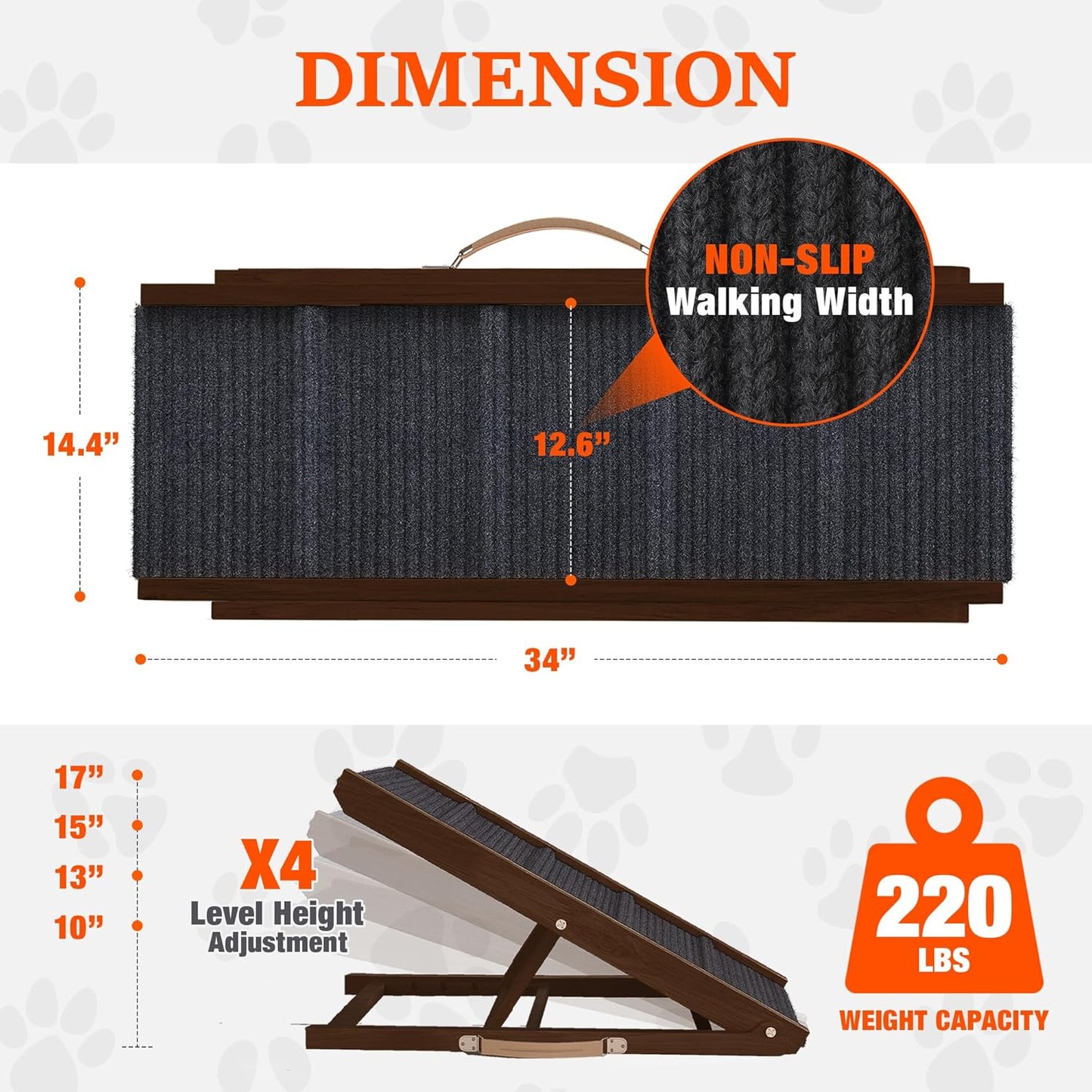 Adjustable Dog Ramp for Bed - 34" Long Foldable Wooden Ramp for Dogs to Get on Bed, Couch, or Car with 12.6" Wide Walking Space (Natural Wood with Gray Carpet)