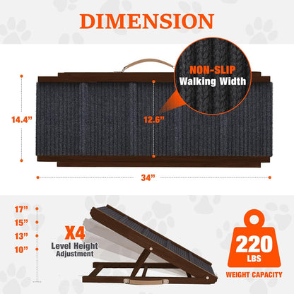 Adjustable Dog Ramp for Bed - 34" Long Foldable Wooden Ramp for Dogs to Get on Bed, Couch, or Car with 12.6" Wide Walking Space (Natural Wood with Gray Carpet)