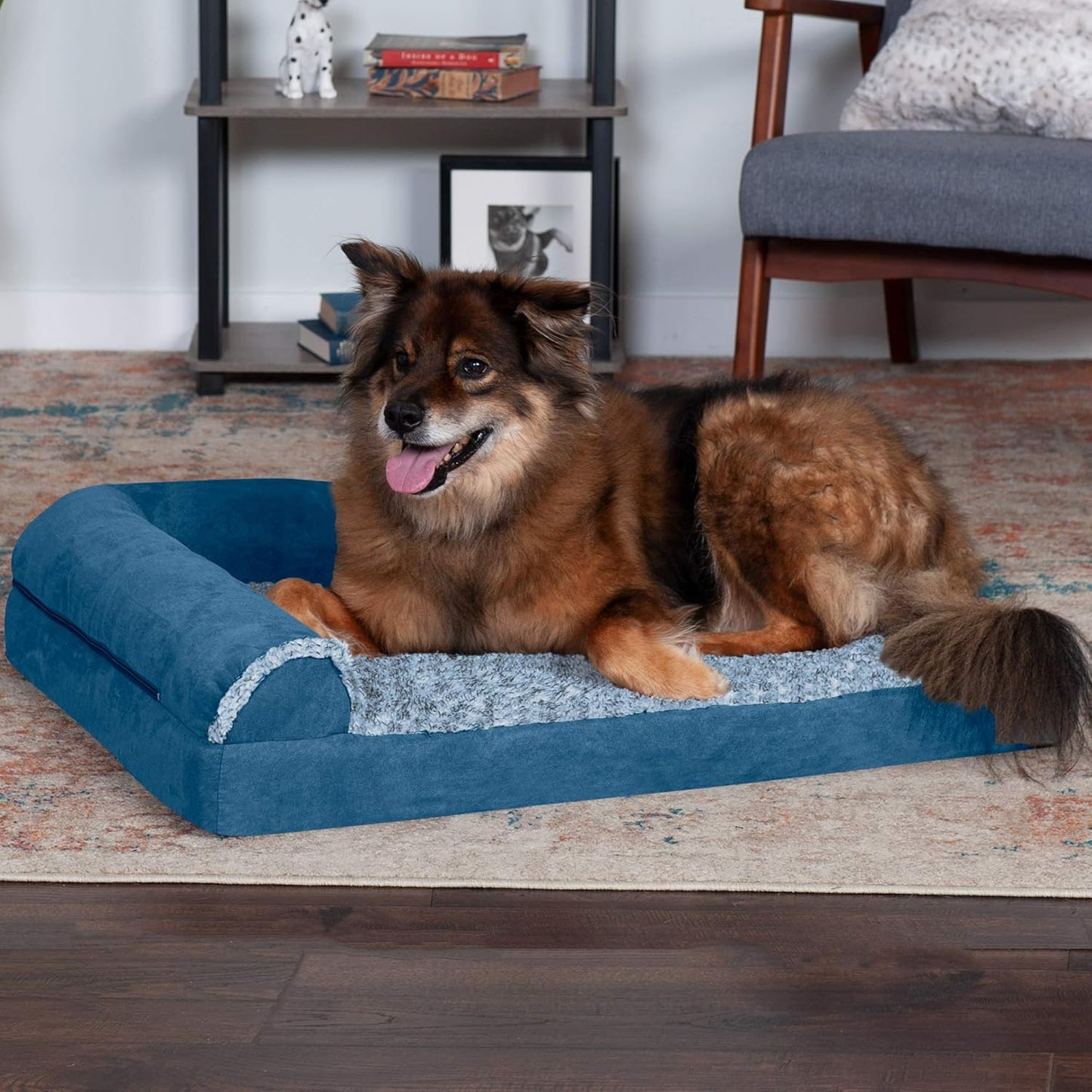 Furhaven Memory Foam Dog Bed for Large Dogs w/ Removable Bolsters & Washable Cover, For Dogs Up to 95 lbs - Two-Tone Plush Faux Fur & Suede L Shaped Chaise - Espresso, Jumbo/XL