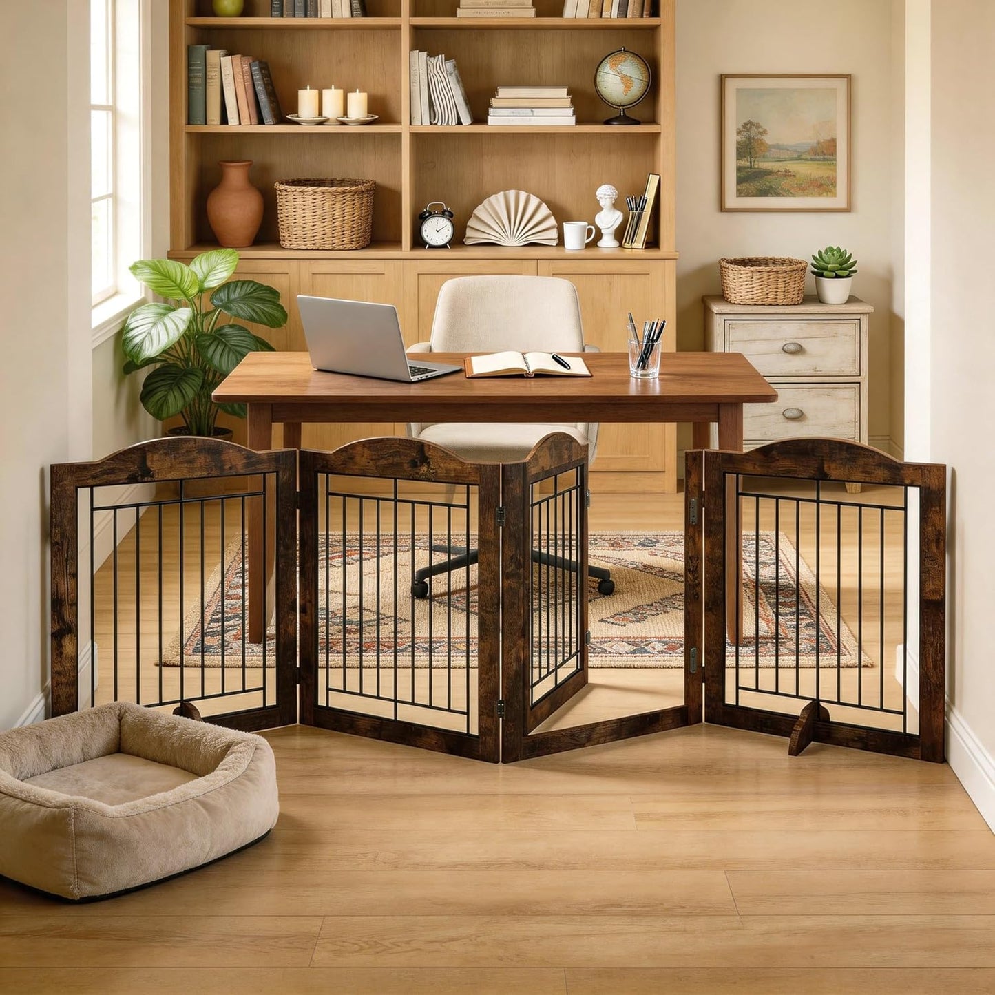 Vantas Espresso Wooden Folding Dog Gate 144" Wide x 30" Tall with Door, Freestanding Pet Gate, Pet Puppy Safety Fence
