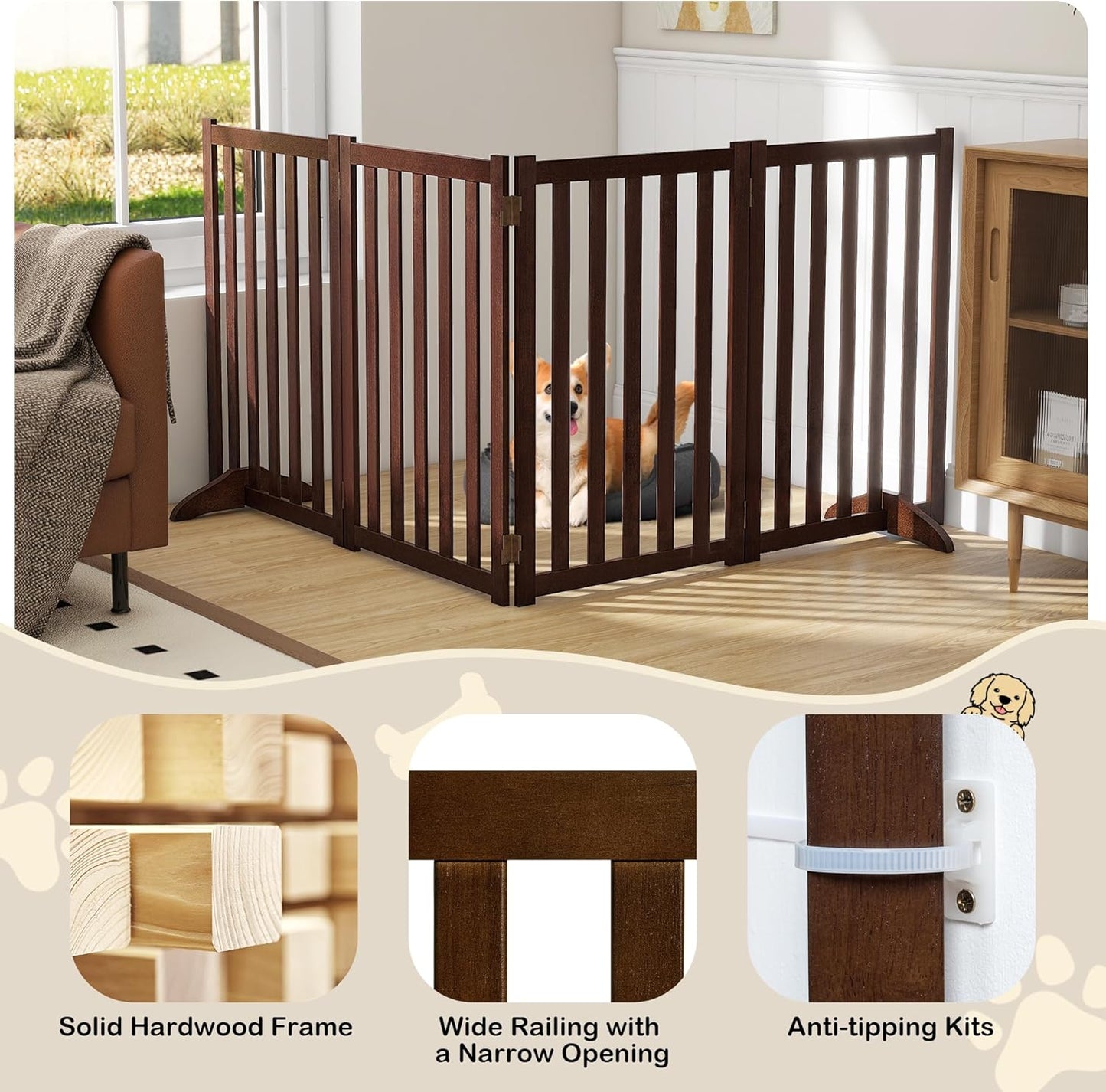 36" Height Extra Tall Freestanding Pet Gate, Solid Wood Folding Safety Fence Wooden Dog Gate with 2 PCs Support Feet Ideal for Stairs, Doorways, Halls, Kitchens, Heavy Duty Gates, 3 Panels, Oak