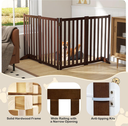 36" Height Extra Tall Freestanding Pet Gate, Solid Wood Folding Safety Fence Wooden Dog Gate with 2 PCs Support Feet Ideal for Stairs, Doorways, Halls, Kitchens, Heavy Duty Gates, 3 Panels, Oak