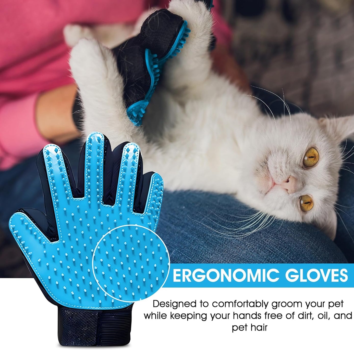 Upgrade Pet Grooming Gloves, Grooming Gloves for Dogs, Cats, Rabbits & Horses with Long and Short Hair, Efficient Pets Hair Remover Mittens - 1 Pair (Blue)