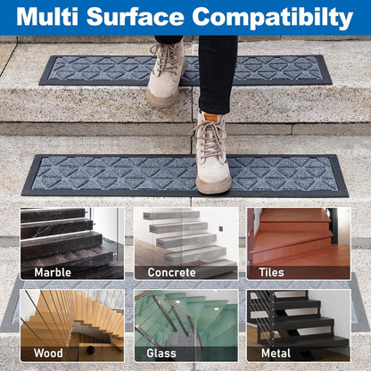 Rubber Stair Treads Non Slip Outdoor/Indoor 30" x 10" 6-Pack, Outdoor Stair Treads with Nosing for Garage, Patio, Wooden Marble Tile Metal Concrete Steps