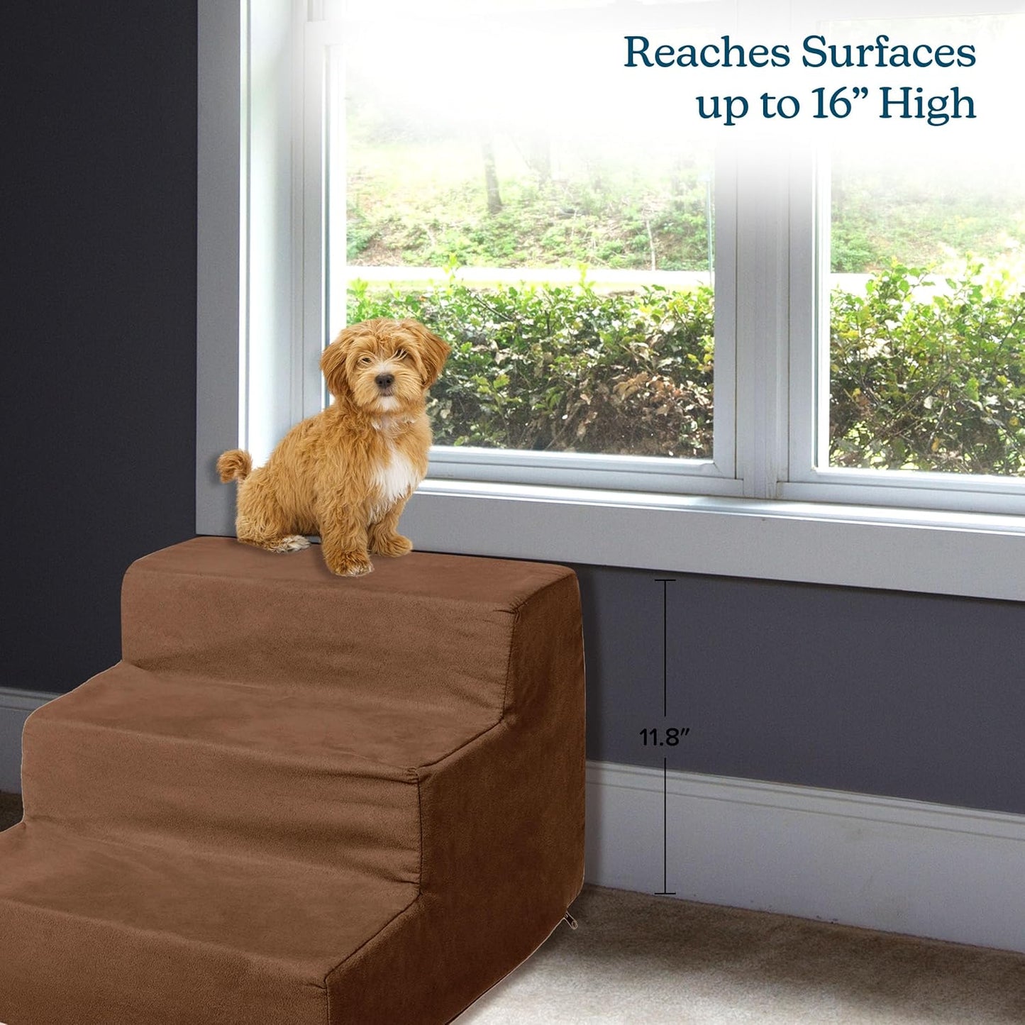 3-Step Pet Stairs - Nonslip Foam Dog and Cat Steps with Removable Zippered Microfiber Cover - 2-Tone Design for Home or Vehicle Use by PETMAKER (Tan)