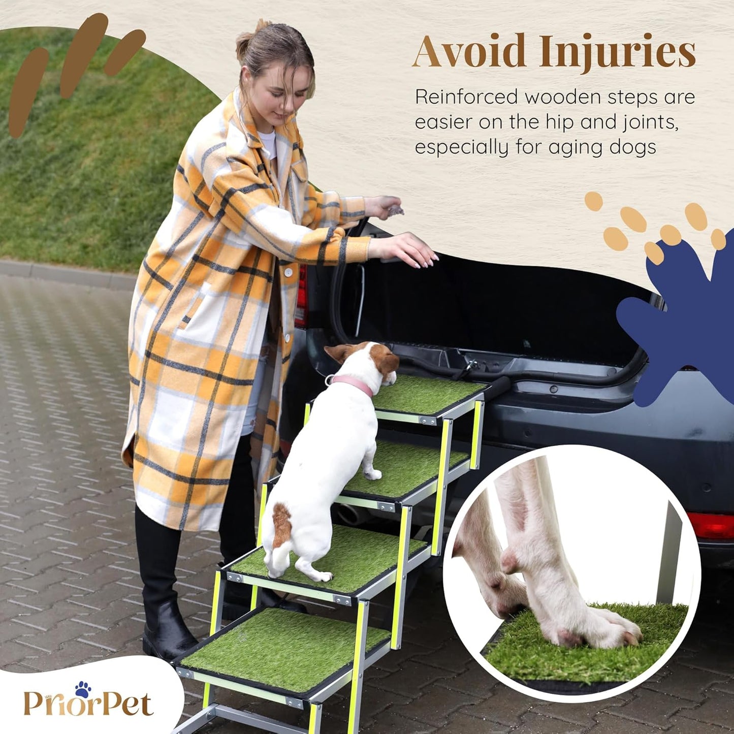 Dog stairs for large dogs PRIORPET - Glow in The Dark Marking - Foldable Dog ramp for Car and Small SUV - Dog steps for Car - Non-Slip Surface - Dog ramps for large dogs - 4 Steps