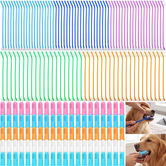 200 Pcs Dog Toothbrushes Bulk Dog Dental Kits 100 Dual Headed Dental Brushes 100 Finger Brushes 360 Degree Dogs Tooth Brushing Kits Easy Teeth Pet Cleaning Soft Care for Puppy Cats Supplies