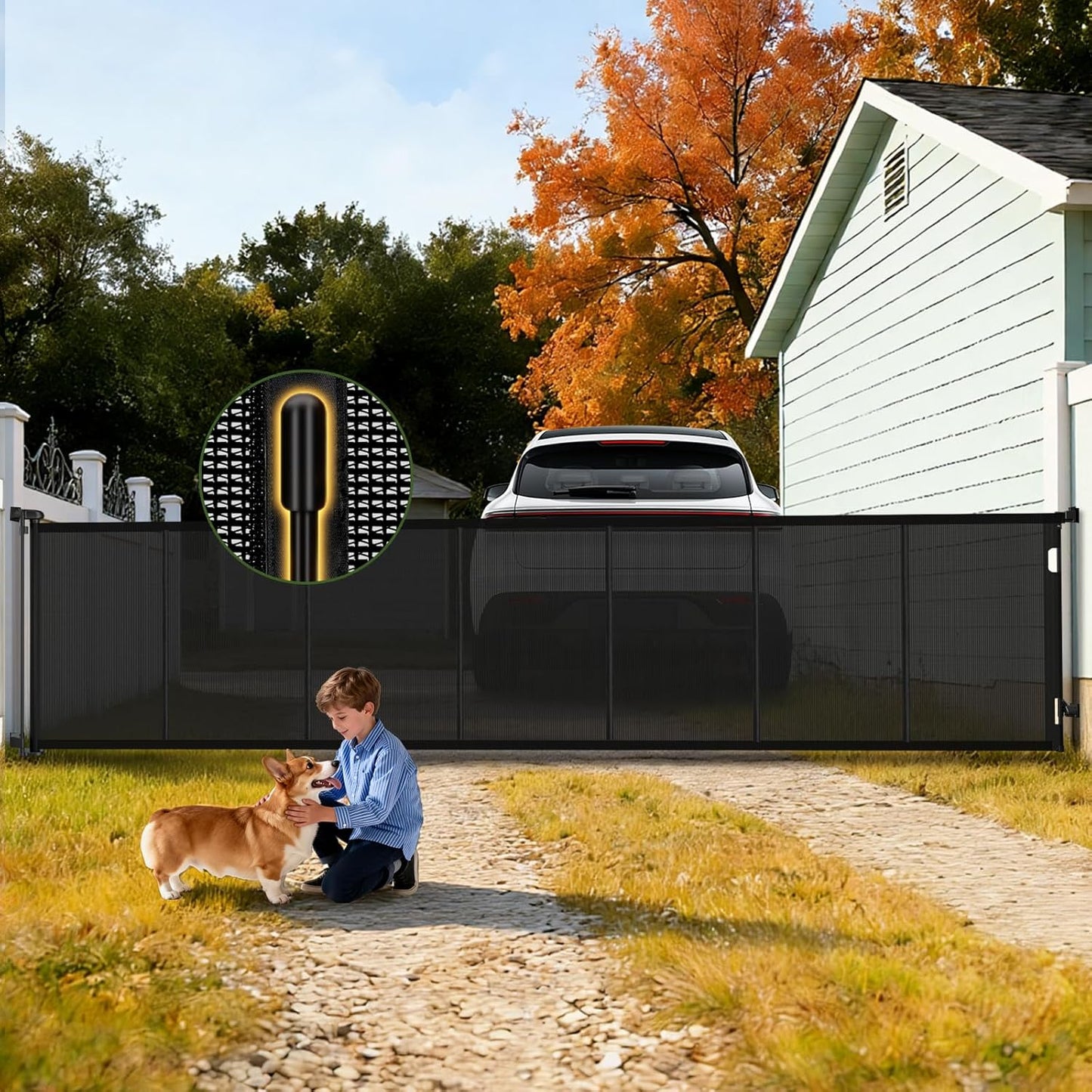 Retractable Baby Gates Extra Wide 200 Inch, 42 Inch Tall Mesh Dog Gate with Reinforcement Rods, Hardware Mounted Safety Gate for Large Openings, Stairs, Garage, Deck, Driveway, Indoor Outdoor, Black