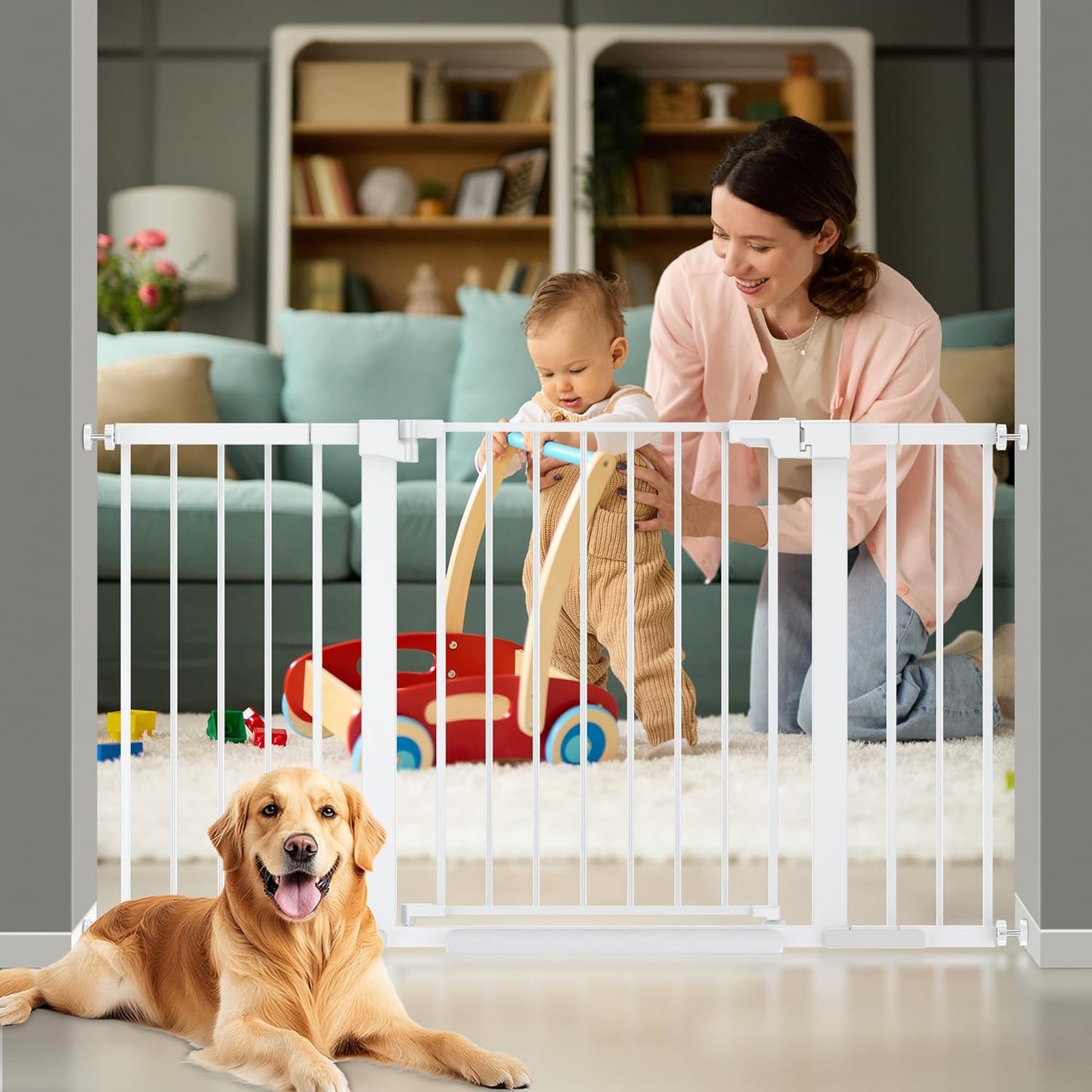 29-42 inches Metal Baby Gate for Stairs/Doorways, 30 inches Tall Pressure Mounted Pet Gates, Auto-Close Child Safety Gate, No Drilling Easy Walk-Through Dog Gate Indoor, Black