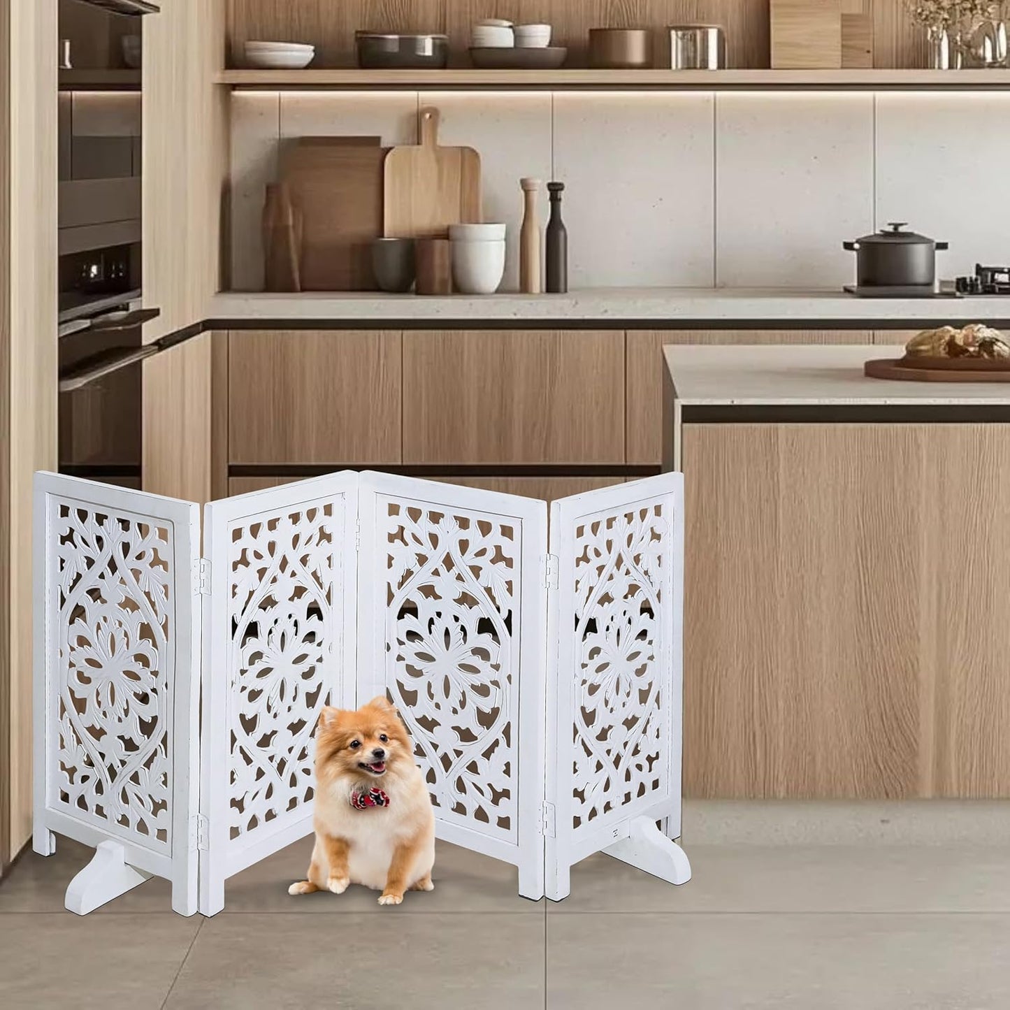 Freestanding Pet Gate for Dogs, Foldable Wooden Dog Gate for House, Indoor Dog Gate for Stair, Doorway, House Design Gates for Dogs Indoor, 72 Inch Wide, (18" x4 Panels 72 inch), Burnt Finish