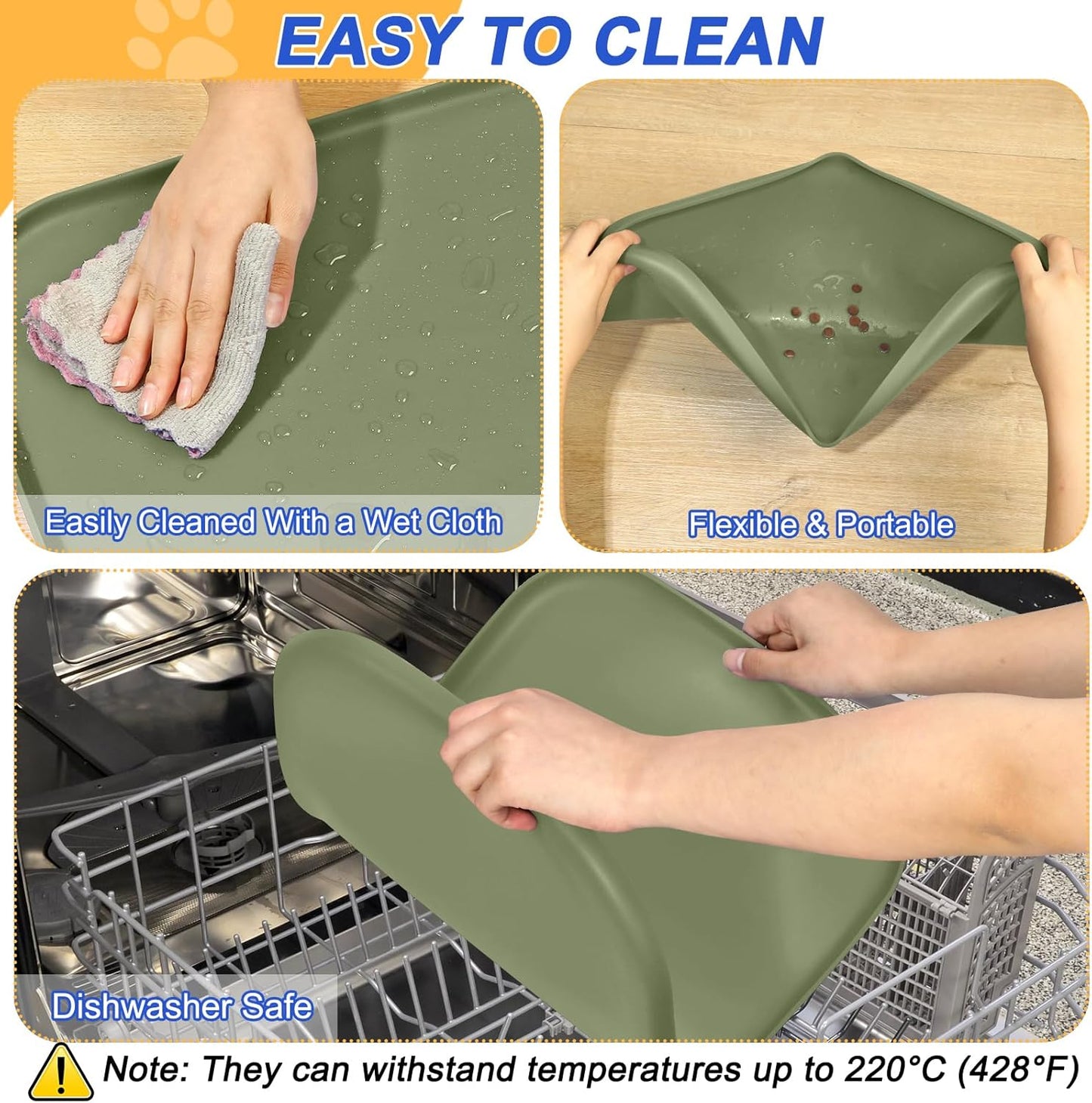 Small Silicone Pet Food Mat with Raised Edge for Food and Water Bowl, Square Dog Feeding Mats, Cat Food Trays for Floor Waterproof, Rubber Tray for Dogs and Cats, 12 x 12 x 0.7 Light Olive Green