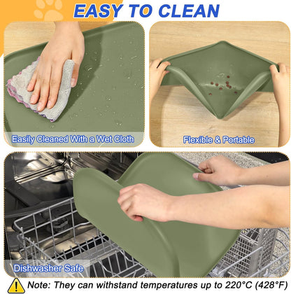 Small Silicone Pet Food Mat with Raised Edge for Food and Water Bowl, Square Dog Feeding Mats, Cat Food Trays for Floor Waterproof, Rubber Tray for Dogs and Cats, 12 x 12 x 0.7 Light Olive Green