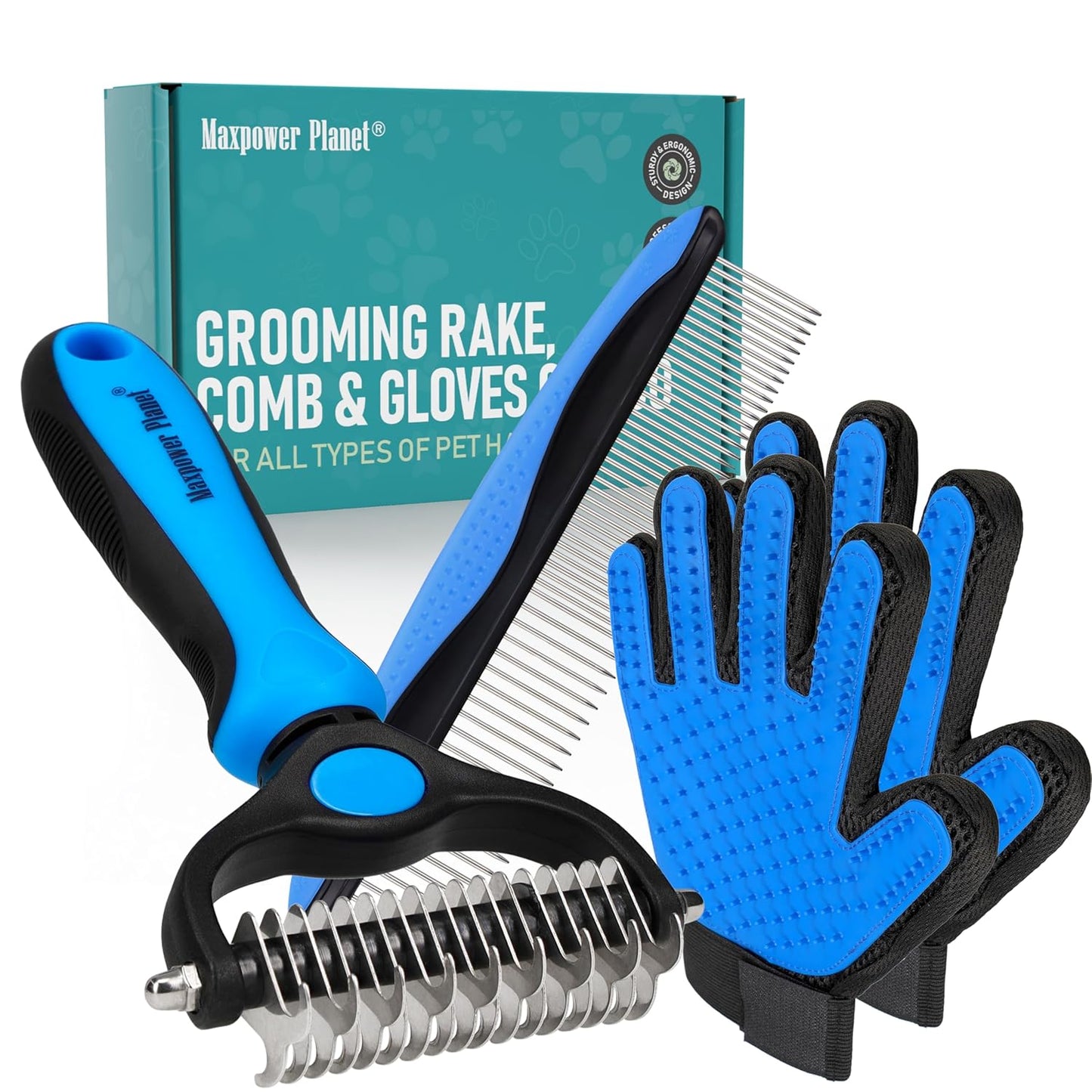 Maxpower Planet Dog Rake and Dog Hair Brush - Gently Removes Loose Undercoat, Mats and Tangled - Deshedding Grooming Tool for Dogs & Cats - Self Cleaning Slicker Brush - All Hair Types