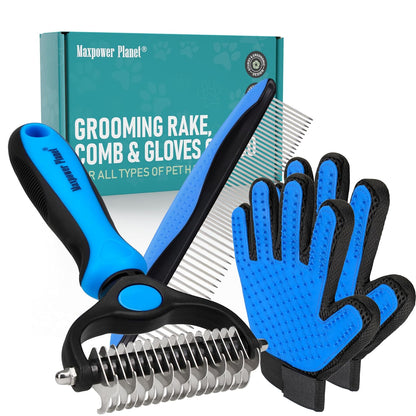 Maxpower Planet Dog Rake and Dog Hair Brush - Gently Removes Loose Undercoat, Mats and Tangled - Deshedding Grooming Tool for Dogs & Cats - Self Cleaning Slicker Brush - All Hair Types
