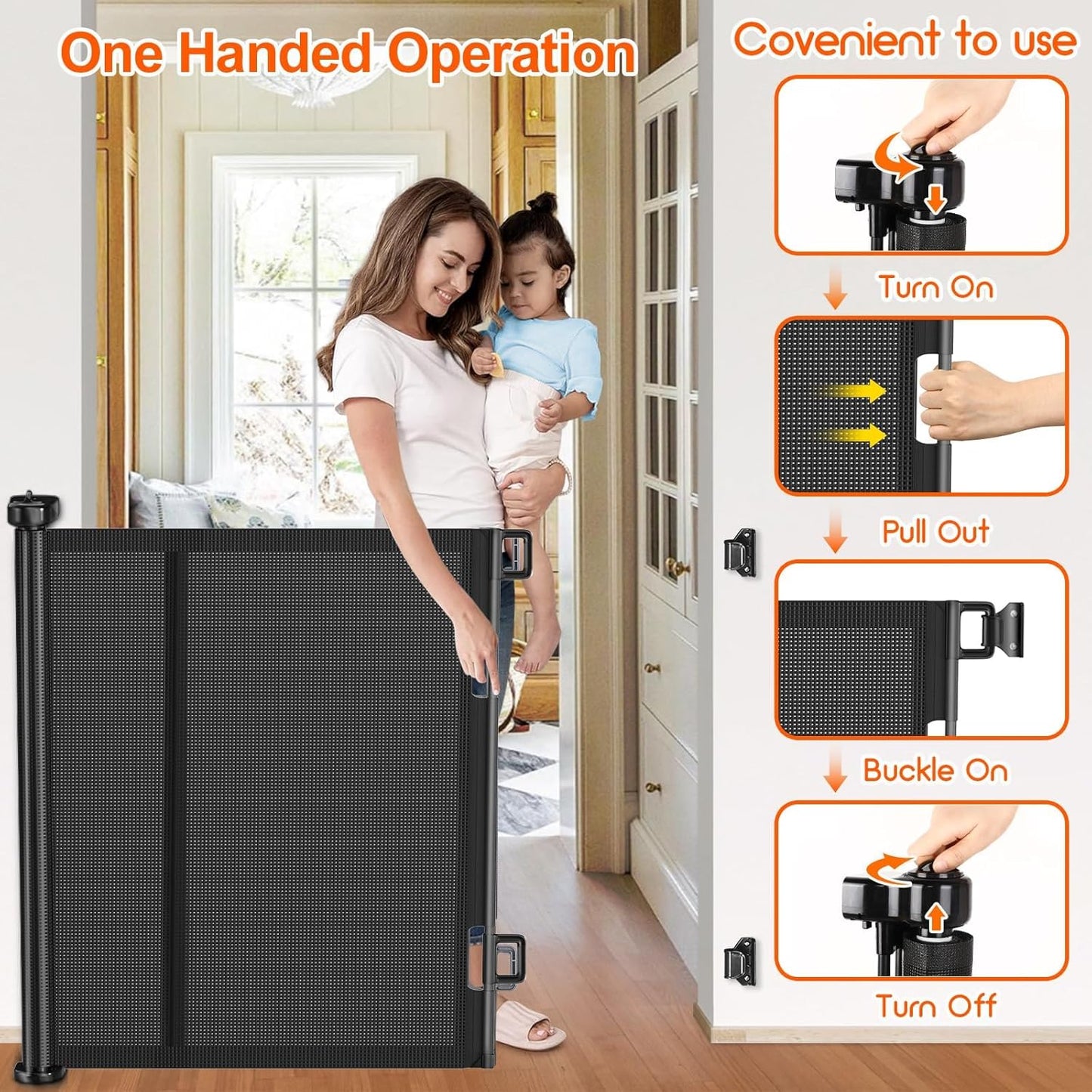 Upgrade 120 inch Retractable Baby Gates, EZIGO Extra Wide Baby Gate for Large Opening Extra Long Mesh Gate for Kids or Pet Dog Gate Child Safety Gate for Stairs Hallways Doorway Indoor Outdoor, Gray