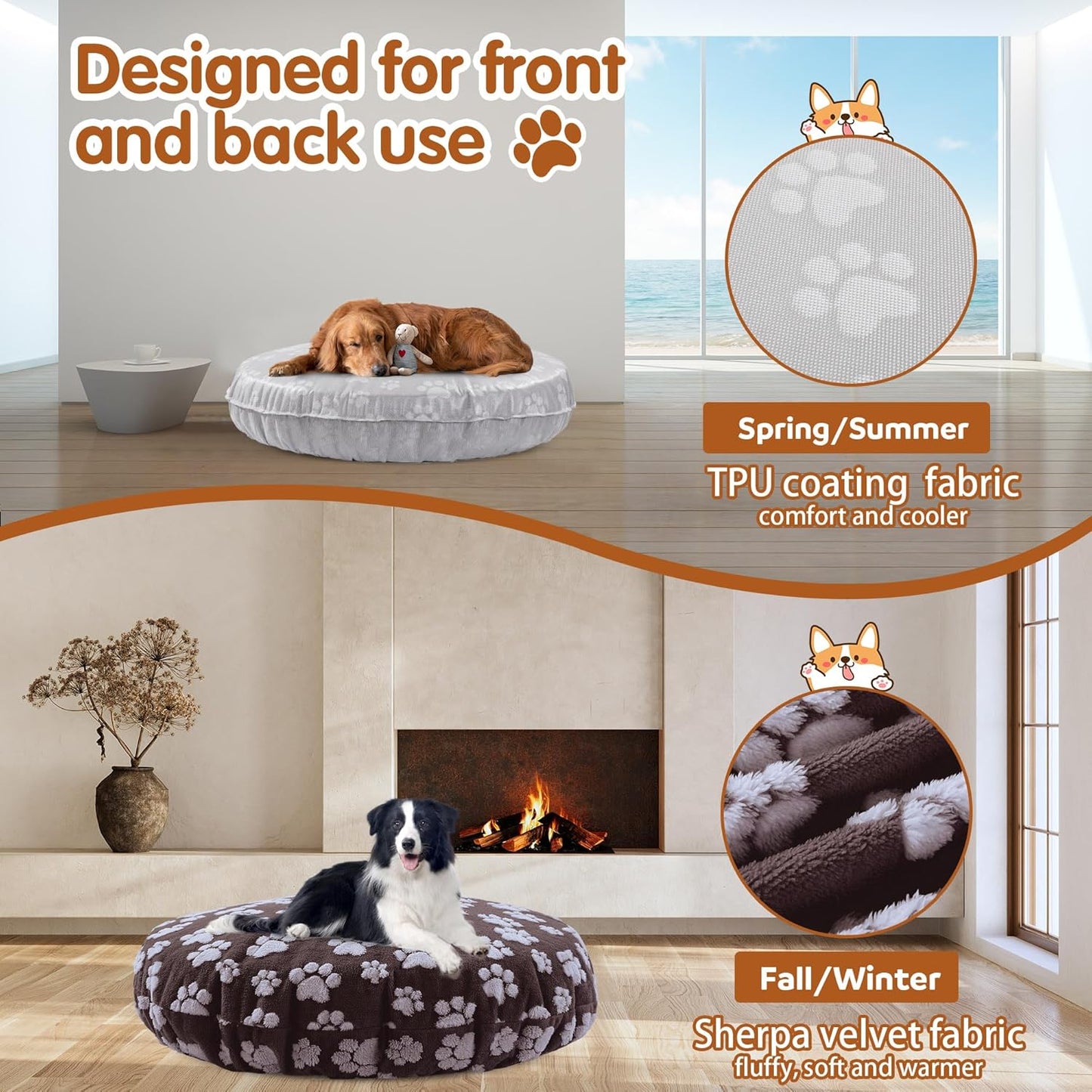 BALAPET Washable Dog Bed Covers Replacement Round Waterproof Bed Cover for Dog Soft Pet Bed Cover with Lovely Dog Paw Print and Double-Sided Usable Design,Cover Only(Dark Gray,45 * 45 * 11in)