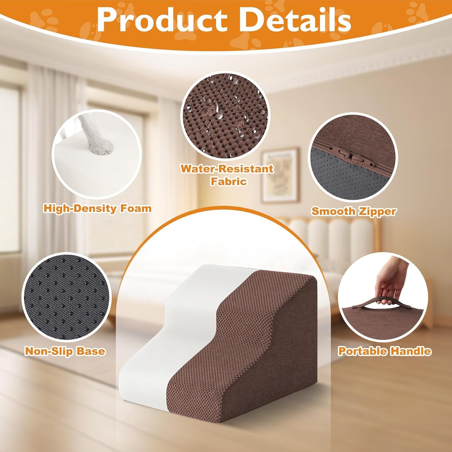 Dog Stairs for Bed 23’’ H, 5-Step Dog Steps for High Bed, Foldable Pet Stairs for Small Dogs and Cats to Get on Beds, Couch, Non-Slip Balanced Pet Steps and Ramp with Waterproof Cover, Grey