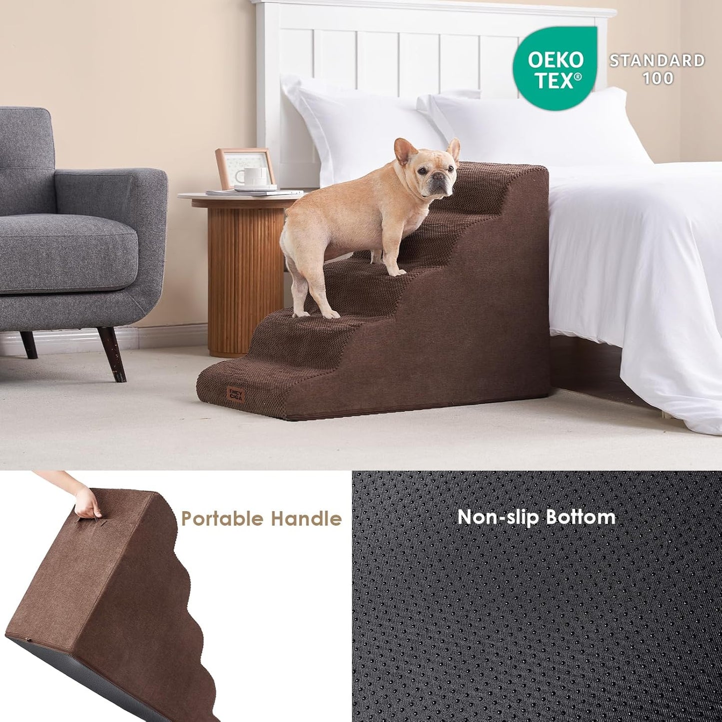 EHEYCIGA Curved Dog Stairs Ramp for High Beds 19.7" H, 4-Step Dog Steps for Small Dogs and Cats, Pet Stairs for High Bed Climbing, Non-Slip Balanced Pet Step Indoor, Grey