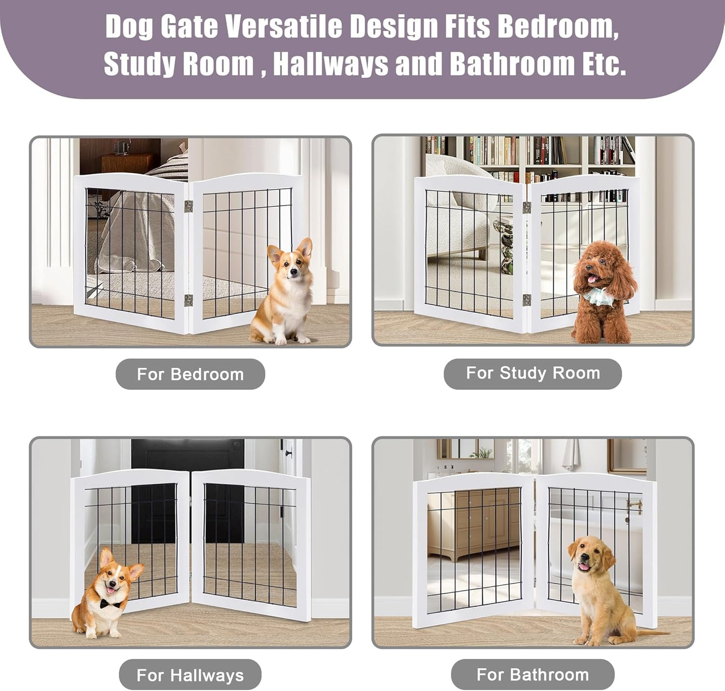 LZRS 2-Panel Freestanding Foldable Wood Dog Gate – Solid Wood & Steel Wire, Chew-Resistant Pet Barrier for Indoor Use, Ideal for Small to Medium Dogs, White