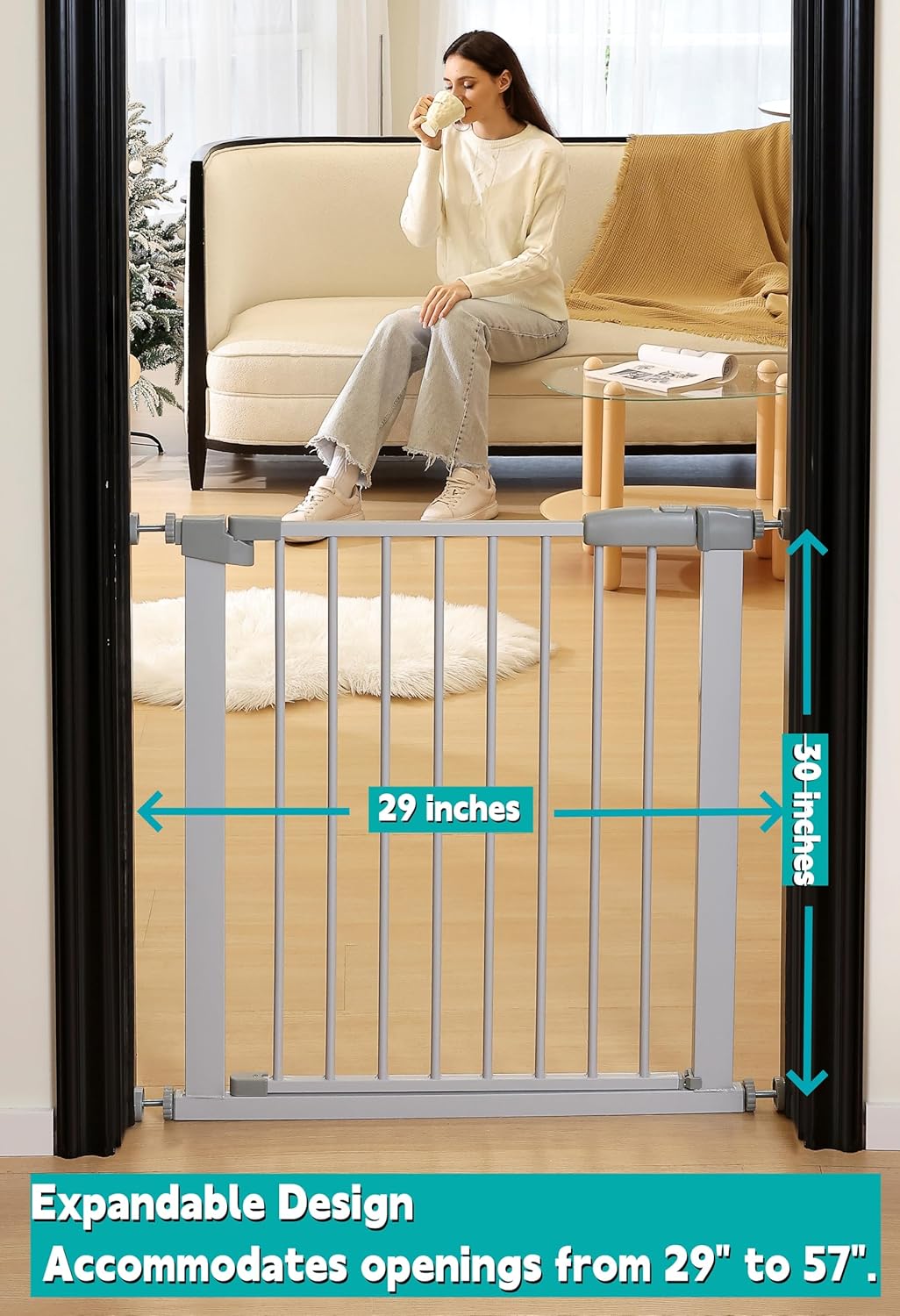 44.72"-46.89" Baby and Pet Safety Gate, 30" Tall Metal Walk-Thru Gate for Doorways & Stairs, Easy One-Hand Open, Dual Lock, Extensions & Wall Mounts Included (Brown, 29"-46" W x 30.5“H)