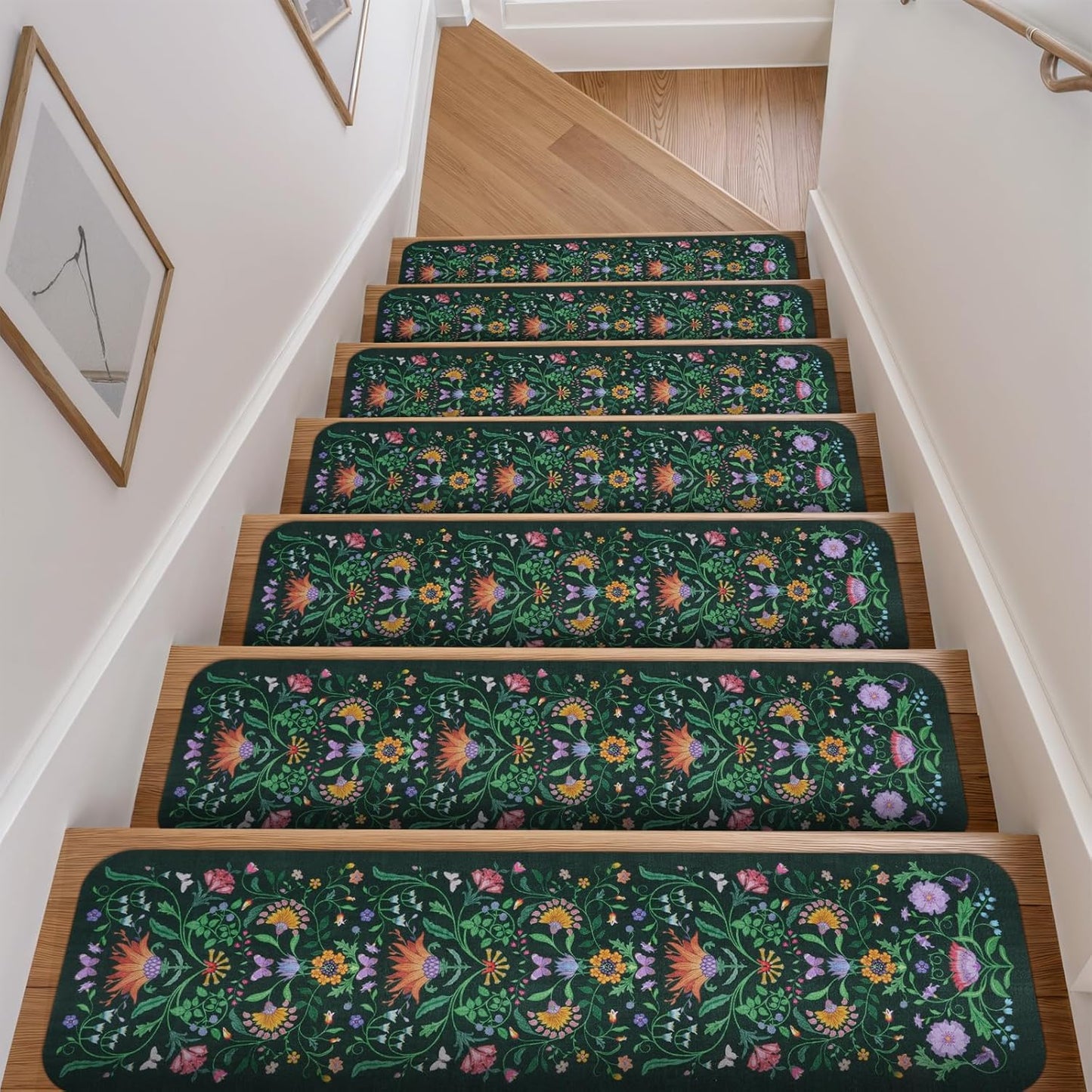OJIA Floral Stair Treads Non-Slip Carpet Stair Treads for Wooden Steps Indoor 15PCS 30"x8" Stair Runner Stair Mats Staircase Step Treads for Kids, Elders and Dogs, Stair Covers, Black