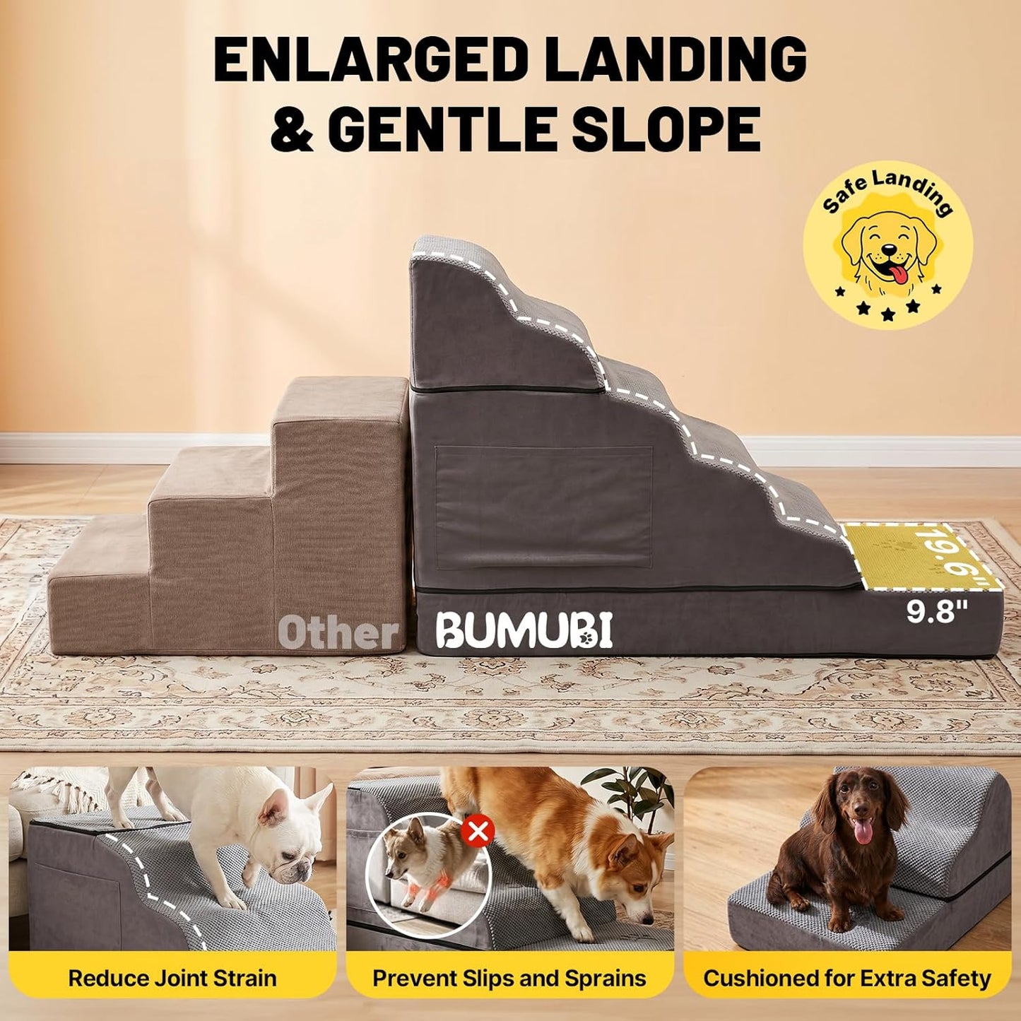 Large Dog Stairs – Extra Large Dog Steps for Bed, Couch & Car, 6-Step Pet Steps for Puppies & Senior Dogs, Pet Stairs with Washable Cover, Side Pockets, Non-Slip Bottom, 43.3" L x 19.7" W Grey