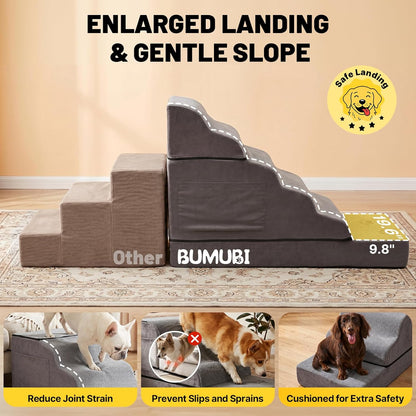 Large Dog Stairs – Extra Large Dog Steps for Bed, Couch & Car, 6-Step Pet Steps for Puppies & Senior Dogs, Pet Stairs with Washable Cover, Side Pockets, Non-Slip Bottom, 43.3" L x 19.7" W Grey