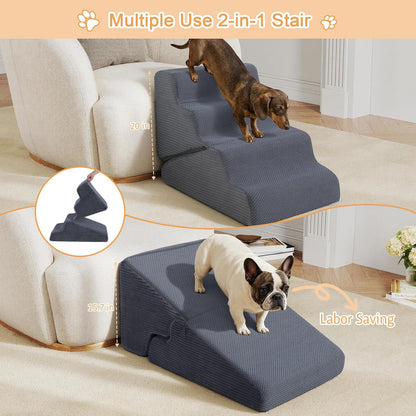 Dog Ramp for Bed, 23" H Dog Stairs for High Bed, 2 in 1 Pet Steps for Small Dogs, 5-Step Foldable Transformable Large Cats Ramp to Get on Couch, Non-Slip Balanced, Grey