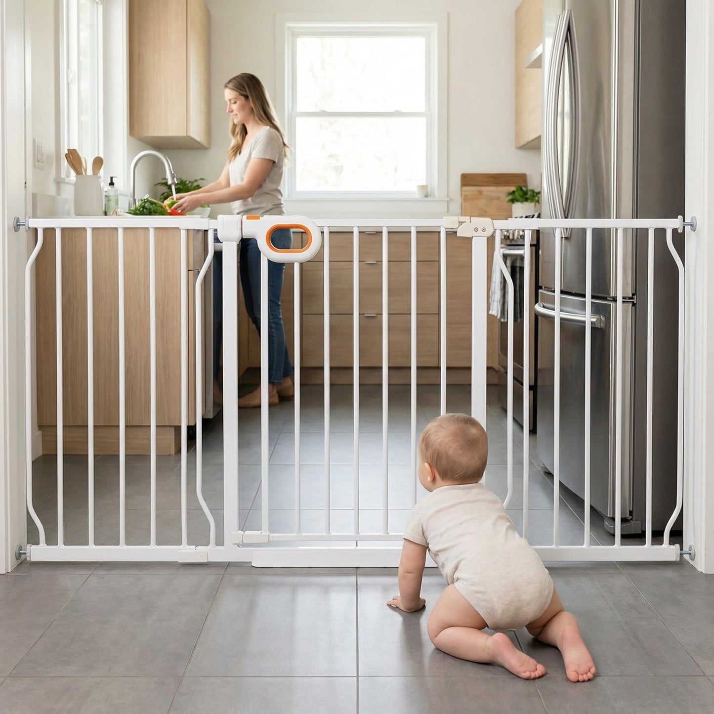 Baby Gates Extra Wide for Doorways 90.6-95.2 Inch Extra Wide Pressure Mounted Baby Dog Gate for the House Indoor Large Openning Metal Safety Gate No Drilling with Walk-Through Door,Black