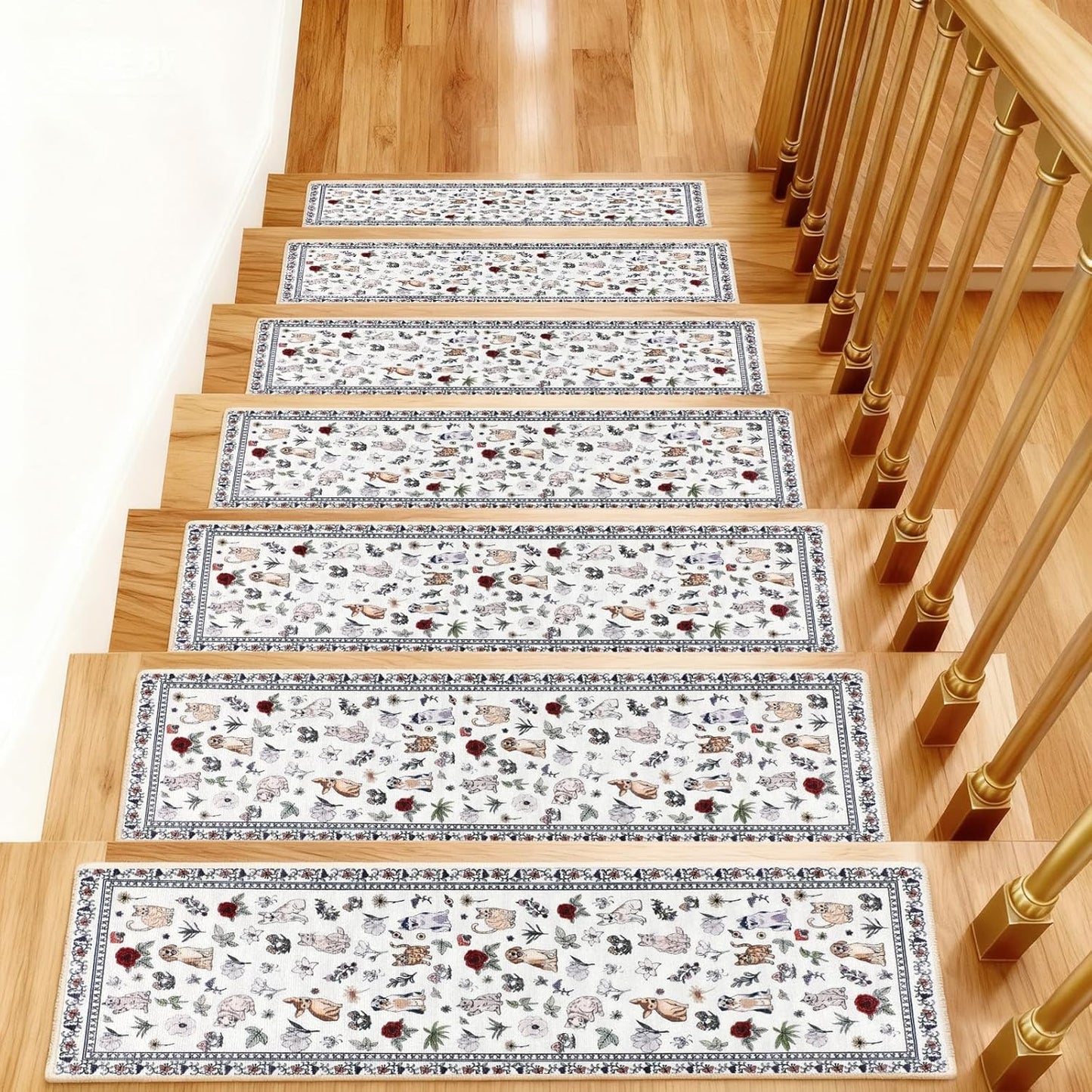 Animal Cat Dog Stair Treads Non Slip for Wooden Steps 15PCS 8"x30" Stair Carpet Treads TPR Backing Soft Stair Runner Washable Reusable Indoor Safety Stair Mats for Elders Kids Dogs Black