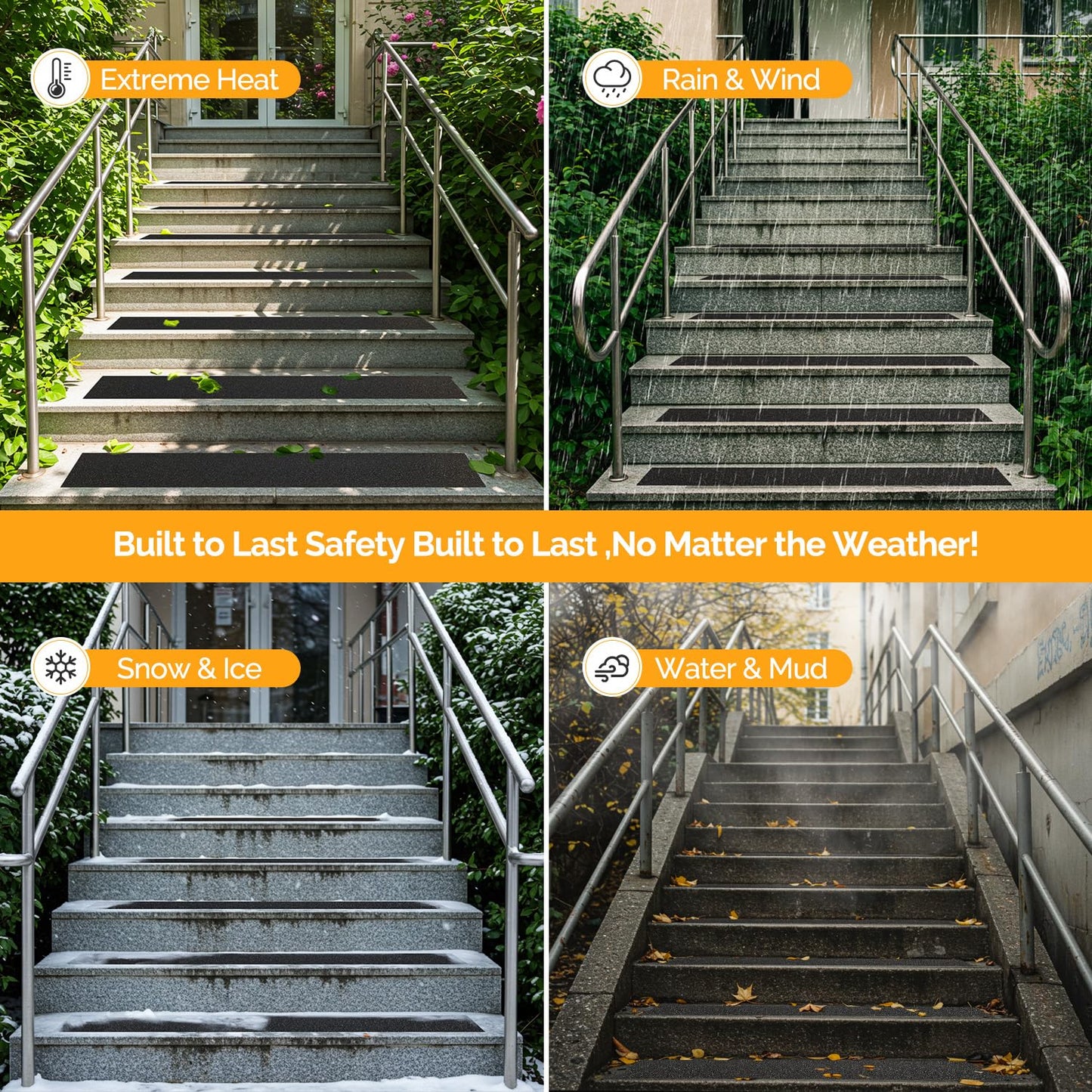 Outdoor Stair Treads Non Slip for Wooden Steps 6" x 30" - 15 Pack Weather Resistant Exterior Grip Tape, Non Slip Stair Treads, Anti Skid Strips, Waterproof 80-Grit High Traction Adhesive Treads, Black