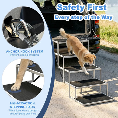 Dog Steps for Car & SUV – 5-Step Foldable Pet Stairs for Large Dogs, Non-Slip Heavy-Duty Plastic Dog Stairs, Lightweight & Portable Vehicle Access, Great Alternative to Dog Ramp for Truck
