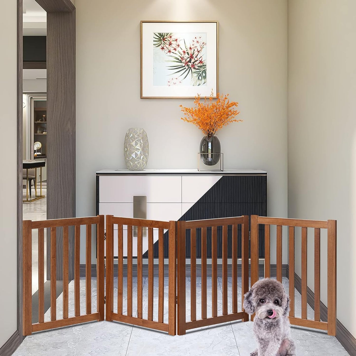 LZRS 2-Panel Wooden Free Standing Foldable Dog Gate Indoor – Solid Hardwood 24" High, Step-Over Safety Pet Gate for Doorways, Stairs & Small Spaces - Indoor Use, White