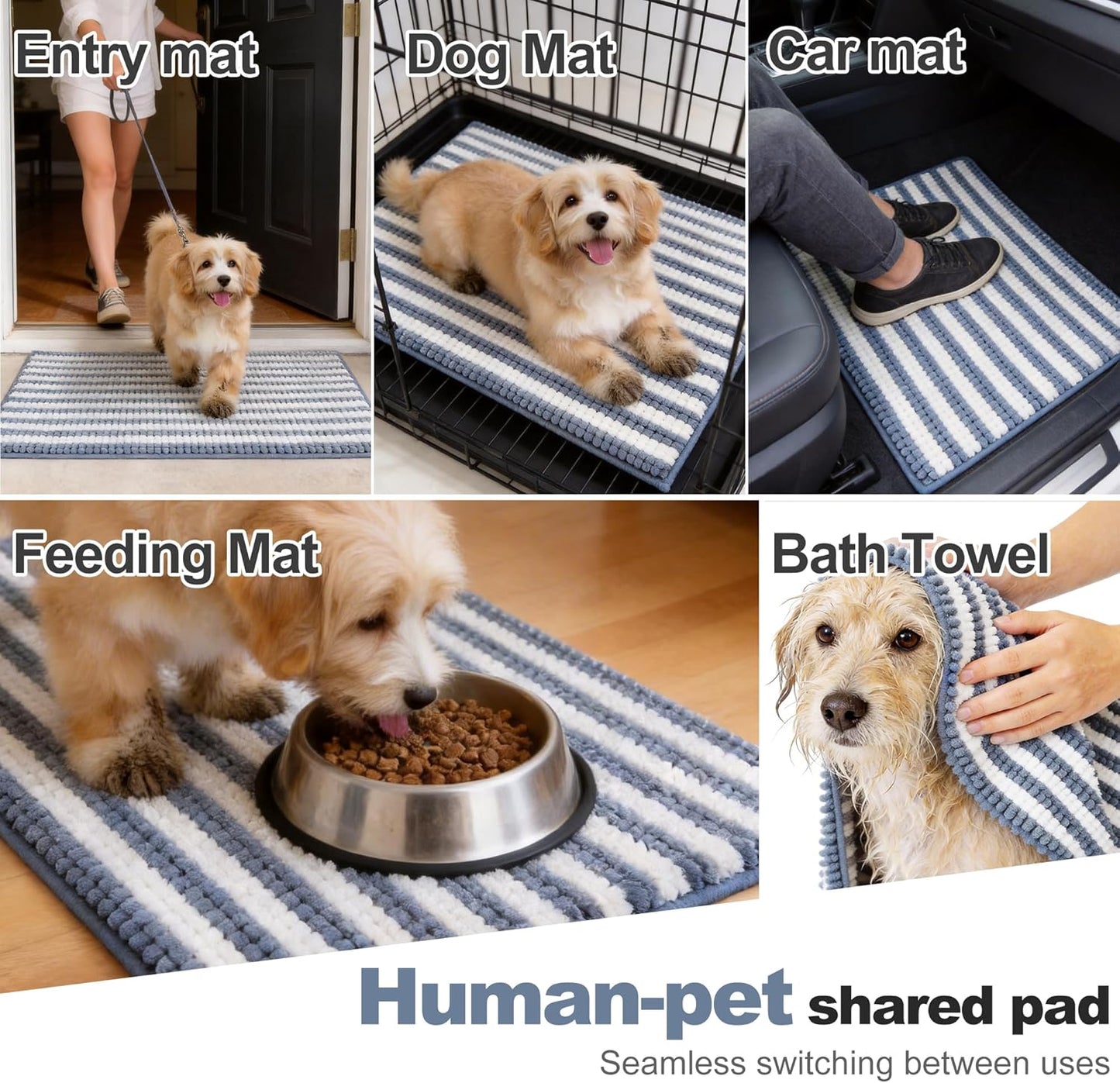 pobopobo Dog Door Mat for Muddy Paws - Absorbent & Washable Chenille Rug, Non-Slip Dirt Trapper for Indoor Outdoor Entryway, Quick Dry Pet Mat for Muddy Dogs (Striped Gray-Blue&White, 24" x 16")
