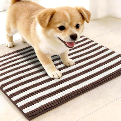 pobopobo Dog Door Mat for Muddy Paws - Absorbent & Washable Chenille Rug, Non-Slip Dirt Trapper for Indoor Outdoor Entryway, Quick Dry Pet Mat for Muddy Dogs (Striped Gray-Blue&White, 24" x 16")