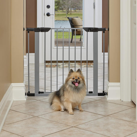 MidWest Homes for Pets 39-Inch High Walk-thru Pressure Mounted Gray Steel Dog Gate, Expands to 38 Inches Wide, No Damage to Walls, Includes 3-inch Extensions, For Small to Medium Pets